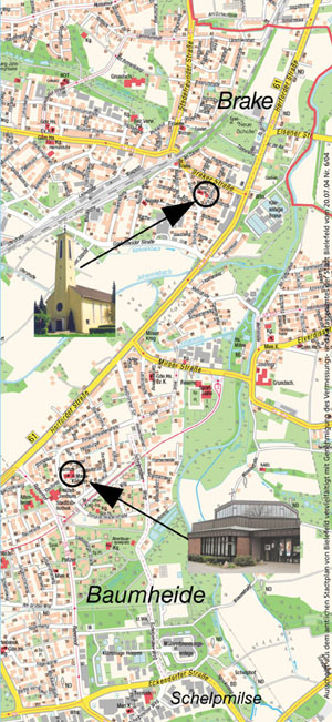 Kartenausschnitt rund um die Kirchen in der Pfarrei Maria K�nigin (genehmigt durch die Stadt Bielefeld)