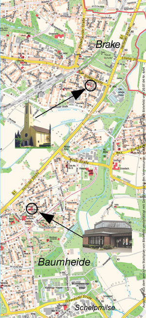 Kartenausschnitt rund um die Kirchen in der Pfarrei Maria Knigin (genehmigt durch die Stadt Bielefeld)